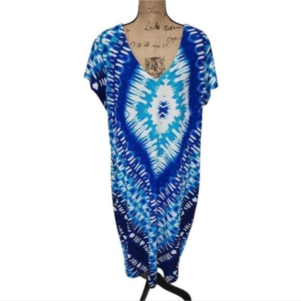 Ashley Stuart ‎ Blue Diamond Tie Dye V Neck Caftan Dress Cover Up Resort Cruise